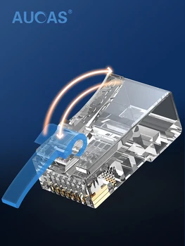 Aucas Conector RJ45 Modular Cablu Ethernet Capul Priza Cat5E Conector placat cu Aur Neecranate Rețea Conector RJ45 8P8C