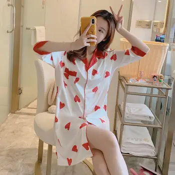 Cămăși de noapte pentru Femei-stil coreean Mătase Jumătate maneca Guler de Turn-down Pierde Somn-tricouri Fete Dulci la Modă Tipărite Confortabil Simple