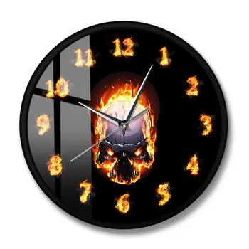 Demon Craniu În Foc Cu Ardere Numere Modern Ceas De Perete Cu Metale Grele În Flăcări Iadului Moarte Craniu De Perete Ceas De Groază Halloween Arta