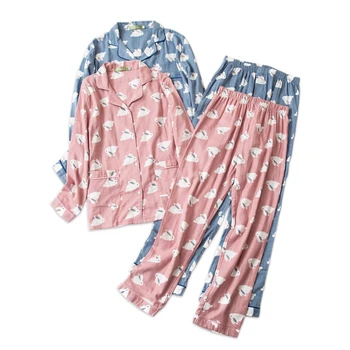 Din bumbac pijama seturi pentru femei Primavara toamna Japoneză casual carouri din bumbac plus dimensiune pijamale femei, pijamale