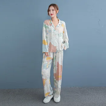Doamnelor Homewear 2020 Nou Maneca Lunga Pantaloni De Pijama Set Drăguț Harta Imprimare Cardigan Vrac Pijamale Lungi Lenjerie Pijama Feminino