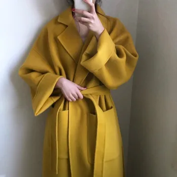 Femei galben Elegant lână de Iarnă Palton Lung Bandaj Haină de Lână Cardigan Vrac Plus Dimensiune sacouri cu buzunar rândul său, în jos guler