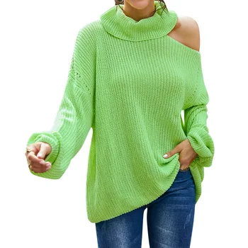 Femeile Noua Toamna Supradimensionate Verde Tricotat Pe Umăr Guler Solide În Vrac Pulover Pulover Feminin 2020 Moda Topuri Tricotate