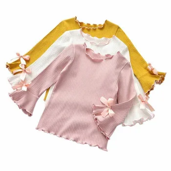 Fete Tricou cu mâneci Lungi Topuri Pentru Fete Tricouri Copii Alb-Roz cu Maneci Lungi din Dantela Arc Bottom Bumbac pentru Copii Bluza