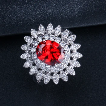 ANGELCZ Elegant Cadou de Crăciun Perfect Oval Roșu Cubic Zirconia Mare Florale Doamna Inel Pentru Femei Argintiu Sterling Bijuterii AR015