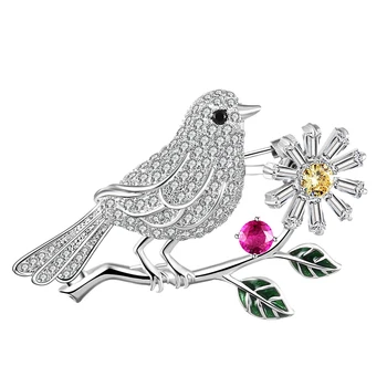 De lux Plin de Zircon de Păsări pe Ramură Broșe Cristal Flori de Smalț Verde Frunze de Pin Guler Buchet Brosa Ace Animale de Bijuterii
