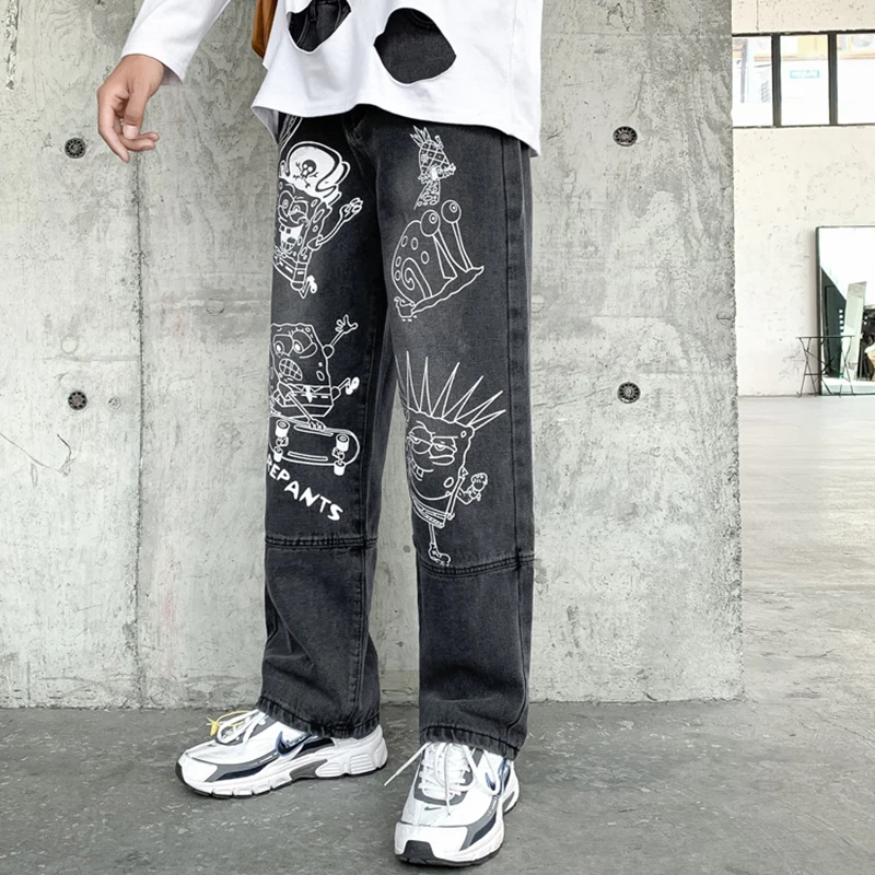 take down Unlike Fitness Primăvara desene animate imprimate blugi barbati drept liber de coreeni  student lungime pantaloni graffiti blugi largi picior umflat jeanbottoms  cumpara online - Îmbrăcăminte pentru bărbați \ www.digitalmanohar.ro